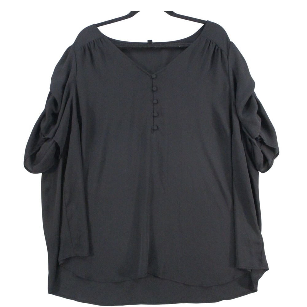Black V Neck Button Front Draped Sleeve Blouse Top Sz 4